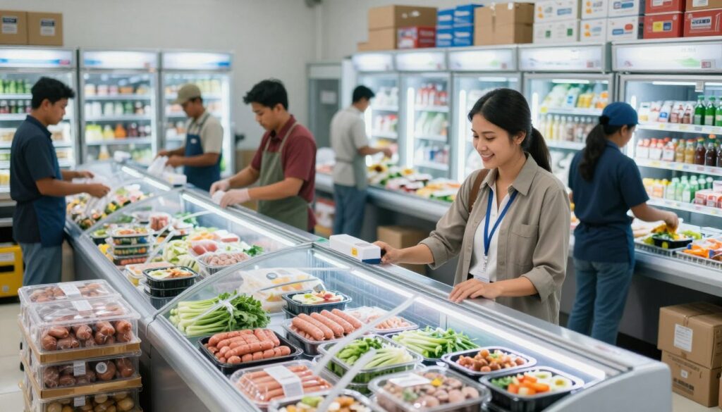 A bustling distributor of frozen food in Surabaya, showcasing an organized warehouse atmosphere. In the foreground, a friendly business professional in modest attire inspects a range of frozen products stored in transparent display cases. Bright, cool lighting emphasizes the freshness of the items, illuminating neatly stacked boxes of various frozen foods, including sausages, vegetables, and ready meals. In the middle ground, several employees are engaged in packing orders, contributing to a lively yet professional ambiance. The background features a wall adorned with refrigeration units displaying various frozen goods, enhancing the theme of quality and variety. The overall mood is energetic and focused, conveying a strong sense of professionalism and dedication to service in the food distribution industry. A bustling distributor of frozen food in Surabaya, showcasing an organized warehouse atmosphere. In the foreground, a friendly business professional in modest attire inspects a range of frozen products stored in transparent display cases. Bright, cool lighting emphasizes the freshness of the items, illuminating neatly stacked boxes of various frozen foods, including sausages, vegetables, and ready meals. In the middle ground, several employees are engaged in packing orders, contributing to a lively yet professional ambiance. The background features a wall adorned with refrigeration units displaying various frozen goods, enhancing the theme of quality and variety. The overall mood is energetic and focused, conveying a strong sense of professionalism and dedication to service in the food distribution industry.