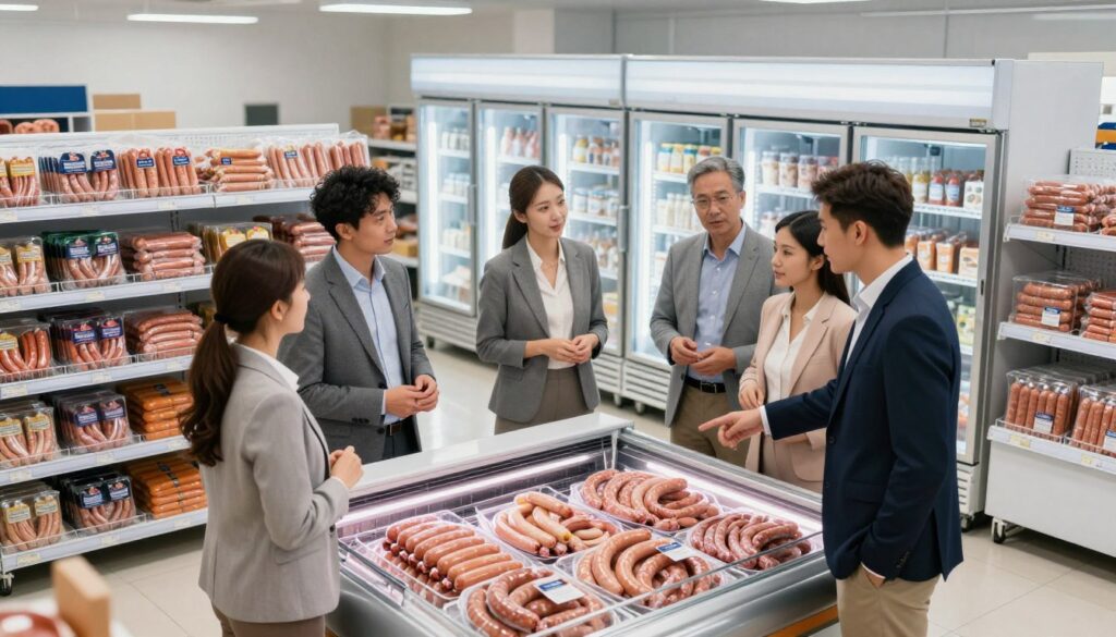 A modern warehouse interior showcasing a partnership in the frozen food industry, specifically featuring various types of frozen sausages. In the foreground, a diverse group of professionals in business attire are engaged in a discussion, pointing at a large frozen food display. The middle features neatly organized shelves filled with frozen sausages, showcasing labels that highlight quality and freshness. The background reveals large freezers with clear glass doors, under bright, even lighting that creates a clean and inviting atmosphere. The scene is captured from a slightly elevated angle, emphasizing the collaborative spirit and professionalism of the environment, evoking a sense of trust and quality in the supplier relationship. A modern warehouse interior showcasing a partnership in the frozen food industry, specifically featuring various types of frozen sausages. In the foreground, a diverse group of professionals in business attire are engaged in a discussion, pointing at a large frozen food display. The middle features neatly organized shelves filled with frozen sausages, showcasing labels that highlight quality and freshness. The background reveals large freezers with clear glass doors, under bright, even lighting that creates a clean and inviting atmosphere. The scene is captured from a slightly elevated angle, emphasizing the collaborative spirit and professionalism of the environment, evoking a sense of trust and quality in the supplier relationship.