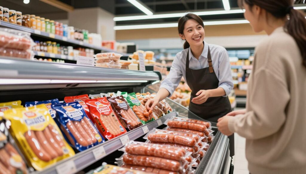 A professional and inviting image depicting a display of frozen food products, specifically frozen sausages, arranged neatly in an open freezer section of a modern grocery store. In the foreground, brightly colored packaging of various frozen sausage brands stands out, emphasizing quality and variety. The middle ground features a friendly store attendant in a neat shirt and apron, engaging with a customer, showcasing a professional interaction. The background is filled with clean, bright lighting that highlights the freshness of the products, creating a warm and welcoming atmosphere. The camera angle is slightly low, emphasizing the depth of the freezer section and making the products appear more accessible. The overall mood should convey trust and reliability, ideal for showcasing quality frozen foods. A professional and inviting image depicting a display of frozen food products, specifically frozen sausages, arranged neatly in an open freezer section of a modern grocery store. In the foreground, brightly colored packaging of various frozen sausage brands stands out, emphasizing quality and variety. The middle ground features a friendly store attendant in a neat shirt and apron, engaging with a customer, showcasing a professional interaction. The background is filled with clean, bright lighting that highlights the freshness of the products, creating a warm and welcoming atmosphere. The camera angle is slightly low, emphasizing the depth of the freezer section and making the products appear more accessible. The overall mood should convey trust and reliability, ideal for showcasing quality frozen foods.