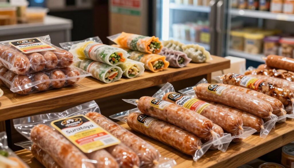A vibrant display of a variety of frozen foods from Surabaya, focusing on high-quality sausages. In the foreground, an assortment of neatly packaged sausages in transparent wrappers showcases their fresh appearance, with labels highlighting their premium quality. The middle ground features a wooden table with a few open packages revealing an array of colorful frozen foods like spring rolls and dumplings. The background includes a softly lit freezer showcasing more products, creating an inviting atmosphere. The lighting is warm and inviting, casting gentle shadows that enhance the textures of the food. The overall mood is professional yet appetizing, emphasizing quality and variety in frozen food distribution. A vibrant display of a variety of frozen foods from Surabaya, focusing on high-quality sausages. In the foreground, an assortment of neatly packaged sausages in transparent wrappers showcases their fresh appearance, with labels highlighting their premium quality. The middle ground features a wooden table with a few open packages revealing an array of colorful frozen foods like spring rolls and dumplings. The background includes a softly lit freezer showcasing more products, creating an inviting atmosphere. The lighting is warm and inviting, casting gentle shadows that enhance the textures of the food. The overall mood is professional yet appetizing, emphasizing quality and variety in frozen food distribution.