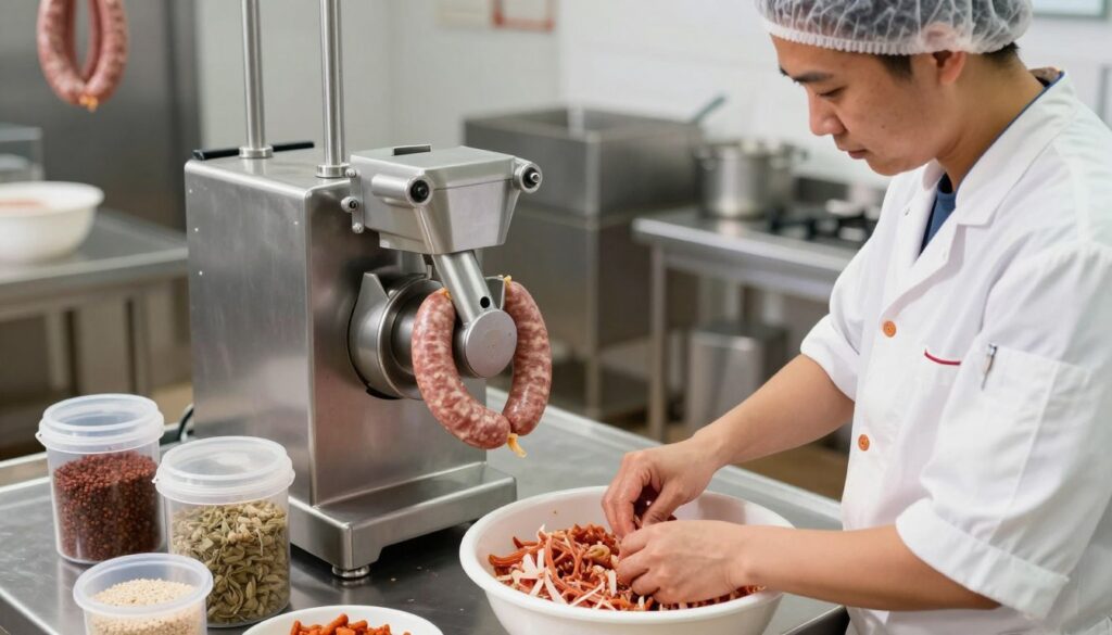 A bright and sanitized food processing environment showcasing the halal sausage production process. In the foreground, a skilled chef in a white coat and a hairnet carefully prepares a mixture of high-quality, fresh ingredients in a large bowl. In the middle, an industrial sausage stuffer is surrounded by various spices and ingredient containers, illustrating meticulous crafting techniques. The background features a clean, stainless steel kitchen with visible hygiene practices in place. Soft, natural lighting enhances the fresh and appetizing atmosphere, capturing the essence of safety and care in food preparation. The angle is slightly elevated, allowing the viewer to appreciate both the artistry and precision involved in creating halal sausages, with no distractions or text in the scene. A bright and sanitized food processing environment showcasing the halal sausage production process. In the foreground, a skilled chef in a white coat and a hairnet carefully prepares a mixture of high-quality, fresh ingredients in a large bowl. In the middle, an industrial sausage stuffer is surrounded by various spices and ingredient containers, illustrating meticulous crafting techniques. The background features a clean, stainless steel kitchen with visible hygiene practices in place. Soft, natural lighting enhances the fresh and appetizing atmosphere, capturing the essence of safety and care in food preparation. The angle is slightly elevated, allowing the viewer to appreciate both the artistry and precision involved in creating halal sausages, with no distractions or text in the scene.