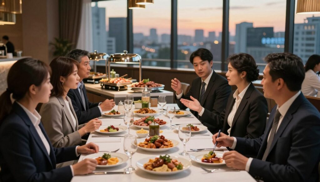 A professional business meeting scene set within a stylish restaurant environment, showcasing dining tables elegantly arranged for a corporate event. In the foreground, a diverse group of well-dressed individuals, including men and women in business attire, are engaged in a lively discussion, sharing ideas about partnership opportunities in the HORECA sector. The middle ground features a beautifully presented buffet of halal sausages and gourmet dishes, emphasizing quality and culinary excellence. In the background, large windows reveal a bustling cityscape at sunset, with warm, inviting lighting illuminating the scene, creating an atmosphere of collaboration and business potential. The overall mood conveys aspiration and professionalism within the hospitality and food sectors. A professional business meeting scene set within a stylish restaurant environment, showcasing dining tables elegantly arranged for a corporate event. In the foreground, a diverse group of well-dressed individuals, including men and women in business attire, are engaged in a lively discussion, sharing ideas about partnership opportunities in the HORECA sector. The middle ground features a beautifully presented buffet of halal sausages and gourmet dishes, emphasizing quality and culinary excellence. In the background, large windows reveal a bustling cityscape at sunset, with warm, inviting lighting illuminating the scene, creating an atmosphere of collaboration and business potential. The overall mood conveys aspiration and professionalism within the hospitality and food sectors.