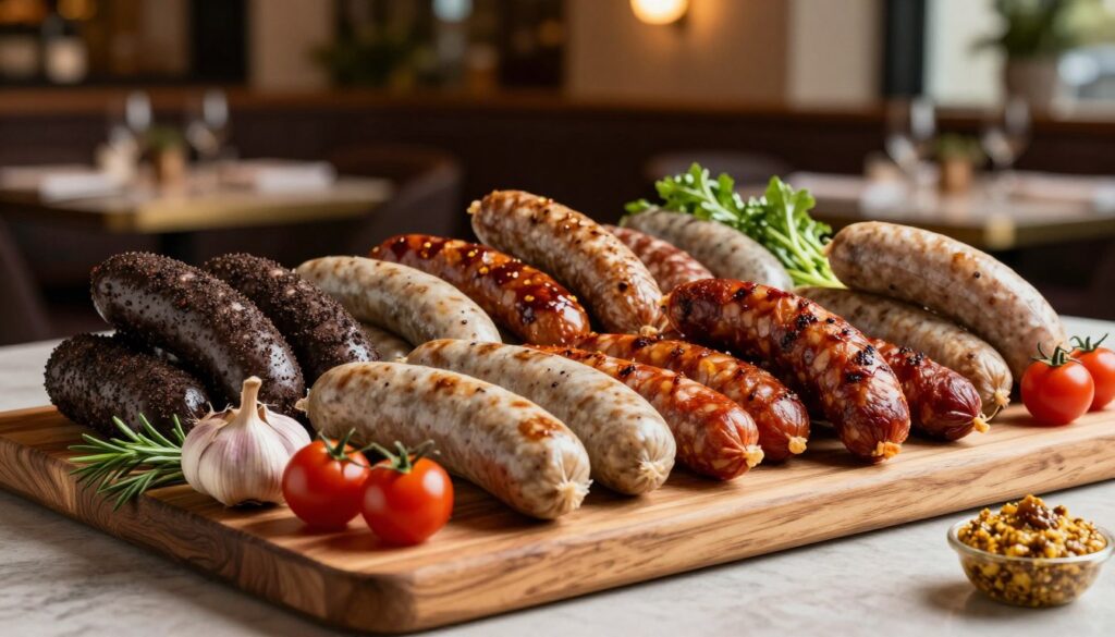 A beautifully arranged display of high-quality premium sausages, showcasing a variety of gourmet flavors such as truffle, garlic, and spicy chorizo. The foreground features a rustic wooden charcuterie board, elegantly garnished with fresh herbs, cherry tomatoes, and artisanal mustard. In the middle ground, an assortment of carefully crafted sausages is artfully presented, with rich textures and vibrant colors enhancing their appeal. The background features a softly blurred upscale restaurant setting, with warm, inviting lighting that emphasizes a professional atmosphere. Soft shadows and a focus on depth create an inviting mood, perfect for food enthusiasts, in a HORECA context. Capture this exquisite culinary experience with a realistic perspective and attention to detail. A beautifully arranged display of high-quality premium sausages, showcasing a variety of gourmet flavors such as truffle, garlic, and spicy chorizo. The foreground features a rustic wooden charcuterie board, elegantly garnished with fresh herbs, cherry tomatoes, and artisanal mustard. In the middle ground, an assortment of carefully crafted sausages is artfully presented, with rich textures and vibrant colors enhancing their appeal. The background features a softly blurred upscale restaurant setting, with warm, inviting lighting that emphasizes a professional atmosphere. Soft shadows and a focus on depth create an inviting mood, perfect for food enthusiasts, in a HORECA context. Capture this exquisite culinary experience with a realistic perspective and attention to detail.