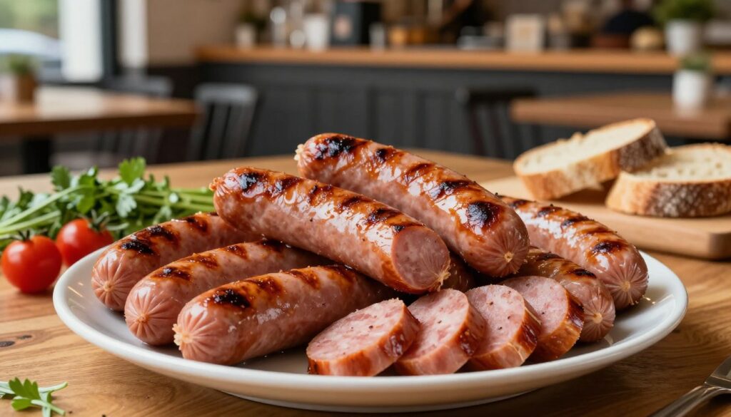 A beautifully arranged plate of halal sausages from Delikatessa, showcasing their rich color and appealing texture. In the foreground, focus on a variety of sausages including grilled, sliced, and whole, each glistening under soft, natural lighting that enhances their freshness. The middle ground features a stylishly set wooden table with fresh herbs, cherry tomatoes, and artisanal bread enhancing the halal sausages as perfect accompaniments. In the background, a cozy café setting with warm tones, wooden decor, and soft focus captures the bustling yet inviting atmosphere of a breakfast spot. The image should evoke a sense of appetite and satisfaction, inviting viewers to imagine enjoying these halal sausages in their own café.