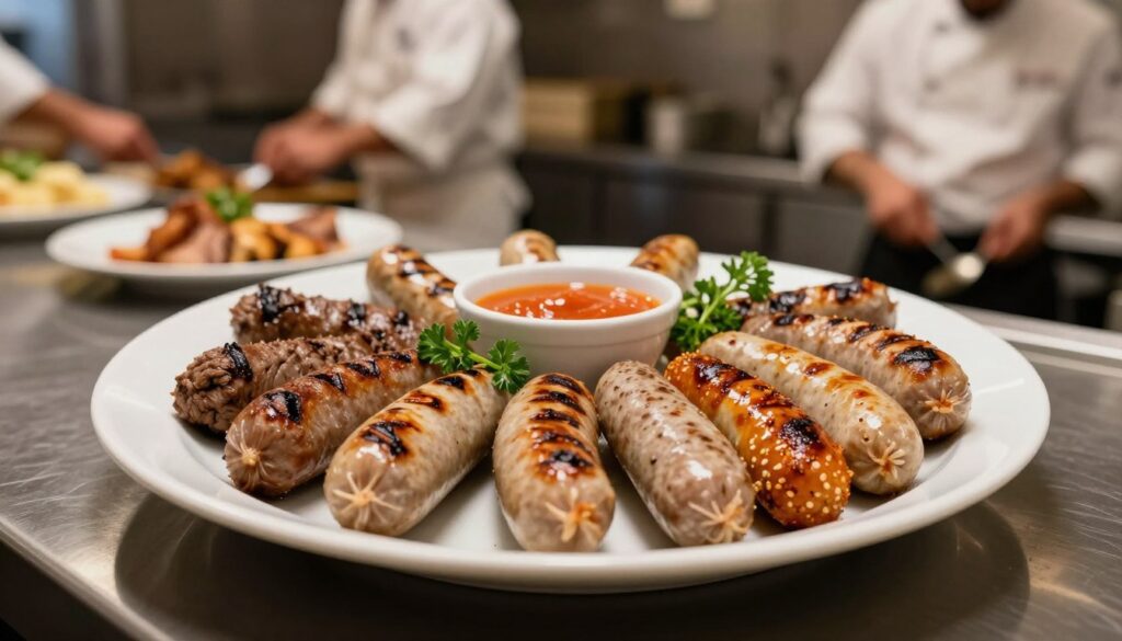 A beautifully arranged plate of premium halal sausages, featuring an assortment of flavors and colors, such as beef and chicken with spices. The sausages are garnished with fresh herbs and served alongside a small bowl of vibrant dipping sauces. In the background, a softly blurred HORECA setting with professional chefs preparing halal dishes, emphasizing the importance of food safety and authenticity. The lighting is warm and inviting, highlighting the texture of the sausages and their attractive grill marks. Use a slight top-down angle to capture the plate's details while showcasing chefs in smart casual attire, engaged in the cooking process. The atmosphere is one of professionalism and quality, ideal for a food article focused on halal products. A beautifully arranged plate of premium halal sausages, featuring an assortment of flavors and colors, such as beef and chicken with spices. The sausages are garnished with fresh herbs and served alongside a small bowl of vibrant dipping sauces. In the background, a softly blurred HORECA setting with professional chefs preparing halal dishes, emphasizing the importance of food safety and authenticity. The lighting is warm and inviting, highlighting the texture of the sausages and their attractive grill marks. Use a slight top-down angle to capture the plate's details while showcasing chefs in smart casual attire, engaged in the cooking process. The atmosphere is one of professionalism and quality, ideal for a food article focused on halal products.
