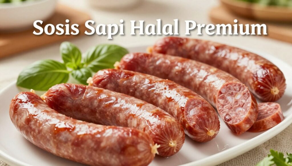 A beautifully arranged platter featuring "Sosis Sapi Halal Premium," showcasing the sausages in various cuts, glistening with freshness. The foreground highlights the richness of the beef sausages, with a focus on their texture and juicy appearance. In the middle ground, include a few slices of the sausage alongside fresh herbs, like parsley and basil, reinforcing the premium quality. The background features a soft, blurred kitchen setting, conveying warmth and a welcoming atmosphere. Use warm, natural lighting to enhance the redness and sheen of the sausages, with a shallow depth of field to keep the focus on the sausages. The overall mood should feel inviting and appetizing, appealing to food enthusiasts and those interested in high-quality halal products. A beautifully arranged platter featuring "Sosis Sapi Halal Premium," showcasing the sausages in various cuts, glistening with freshness. The foreground highlights the richness of the beef sausages, with a focus on their texture and juicy appearance. In the middle ground, include a few slices of the sausage alongside fresh herbs, like parsley and basil, reinforcing the premium quality. The background features a soft, blurred kitchen setting, conveying warmth and a welcoming atmosphere. Use warm, natural lighting to enhance the redness and sheen of the sausages, with a shallow depth of field to keep the focus on the sausages. The overall mood should feel inviting and appetizing, appealing to food enthusiasts and those interested in high-quality halal products.