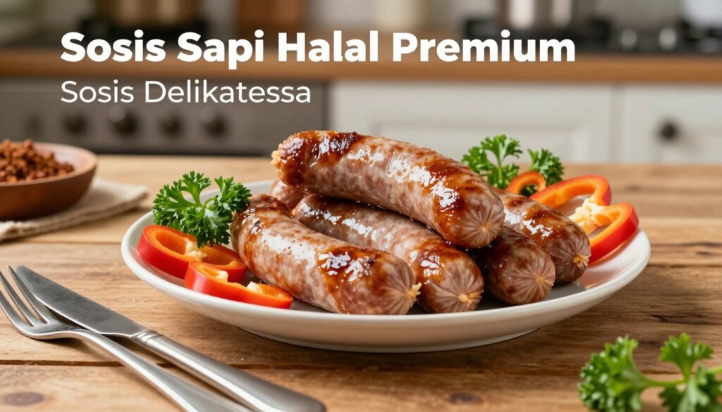 A beautifully arranged platter of "Sosis Sapi Halal Premium" from Sosis Delikatessa, showcasing the rich, juicy sausages with a glossy finish. The sausages are garnished with fresh herbs like parsley and slices of colorful bell peppers, adding a vibrant contrast. In the foreground, a knife and fork lay elegantly beside the sausages, inviting viewers to enjoy the dish. The middle ground features a rustic wooden table, enhancing the natural and organic feel. Soft, warm lighting highlights the textures of the meat and the ingredients, creating an inviting atmosphere. In the background, a blurred kitchen setting gives a homely ambiance, suggesting a culinary space dedicated to quality and halal principles. The image captures the essence of premium halal beef sausages, focusing on their quality and appeal without any distractions. A beautifully arranged platter of "Sosis Sapi Halal Premium" from Sosis Delikatessa, showcasing the rich, juicy sausages with a glossy finish. The sausages are garnished with fresh herbs like parsley and slices of colorful bell peppers, adding a vibrant contrast. In the foreground, a knife and fork lay elegantly beside the sausages, inviting viewers to enjoy the dish. The middle ground features a rustic wooden table, enhancing the natural and organic feel. Soft, warm lighting highlights the textures of the meat and the ingredients, creating an inviting atmosphere. In the background, a blurred kitchen setting gives a homely ambiance, suggesting a culinary space dedicated to quality and halal principles. The image captures the essence of premium halal beef sausages, focusing on their quality and appeal without any distractions.