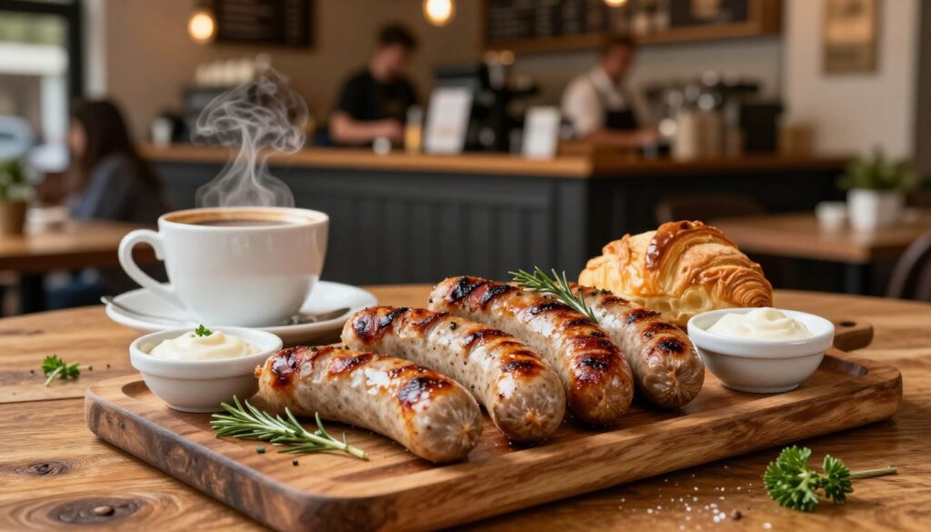 A beautifully arranged platter of halal sausages showcased in a cozy café setting. The foreground features an assortment of gourmet sausages, perfectly cooked and presented on a rustic wooden table, garnished with fresh herbs and accompanied by small bowls of dips. In the middle ground, a steaming cup of coffee and a delicate pastry are artfully placed, inviting patrons to enjoy a delicious all-day breakfast. The background features warm, welcoming café decor with soft, ambient lighting that enhances the inviting atmosphere. A blurred view of baristas engaging with customers at the counter adds a lively touch. The image captures the essence of quality and safety in food selection, appealing to health-conscious café-goers.