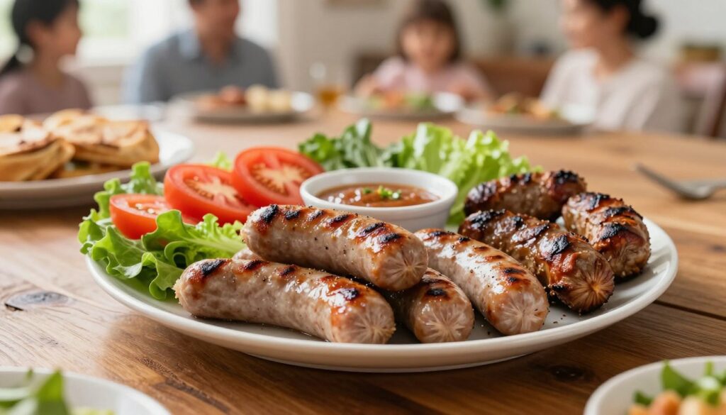A beautifully arranged platter of premium halal beef sausages, showcasing a variety of cooking styles. In the foreground, focus on plump, juicy sausages, perfectly grilled with a slight char and glistening with seasoning. Surrounding them are vibrant sides: fresh leafy greens, sliced tomatoes, and a small bowl of tangy dipping sauce. In the middle ground, a rustic wooden table adds warmth, while in the background, a cozy family dining setting with soft natural lighting creates an inviting atmosphere. The overall mood is homey and welcoming, emphasizing the enjoyment of quality halal food. Capture the scene from a slightly elevated angle, allowing for a clear view of the dishes and inviting presentation. A beautifully arranged platter of premium halal beef sausages, showcasing a variety of cooking styles. In the foreground, focus on plump, juicy sausages, perfectly grilled with a slight char and glistening with seasoning. Surrounding them are vibrant sides: fresh leafy greens, sliced tomatoes, and a small bowl of tangy dipping sauce. In the middle ground, a rustic wooden table adds warmth, while in the background, a cozy family dining setting with soft natural lighting creates an inviting atmosphere. The overall mood is homey and welcoming, emphasizing the enjoyment of quality halal food. Capture the scene from a slightly elevated angle, allowing for a clear view of the dishes and inviting presentation.