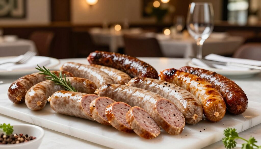 A beautifully arranged platter of premium halal sausages, showcasing a variety of textures and colors, including traditional and gourmet flavors. The foreground features glistening sausages, some sliced to reveal their juicy interiors, garnished with fresh herbs and spices. In the middle ground, elegant dinnerware and cutlery are poised for a fine dining setting, emphasizing a sophisticated presentation. The background is a softly blurred upscale restaurant interior with warm ambient lighting, creating a welcoming atmosphere. The mood is refined and inviting, ideal for a HORECA audience. Capture this scene with a shallow depth of field, emphasizing the premium quality of the sausages while maintaining a bright, inviting tone throughout the image.