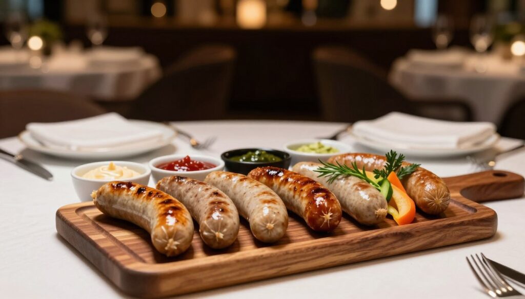 A beautifully plated selection of premium sausages in an upscale restaurant setting, featuring seven distinct varieties. The foreground includes an elegant wooden serving board displaying the sausages, garnished with fresh herbs and vibrant vegetables. In the middle, an array of artisanal sauces in small bowls complemented by stylish cutlery and tableware. The background captures a tastefully decorated restaurant ambiance, with soft lighting highlighting the dish and creating a warm, inviting atmosphere. Use a shallow depth of field to focus on the sausages, giving a slight bokeh effect to the background. The lighting is warm and soft, enhancing the gourmet presentation of the food. Ensure the scene exudes sophistication and culinary excellence, fitting for a high-end dining experience. A beautifully plated selection of premium sausages in an upscale restaurant setting, featuring seven distinct varieties. The foreground includes an elegant wooden serving board displaying the sausages, garnished with fresh herbs and vibrant vegetables. In the middle, an array of artisanal sauces in small bowls complemented by stylish cutlery and tableware. The background captures a tastefully decorated restaurant ambiance, with soft lighting highlighting the dish and creating a warm, inviting atmosphere. Use a shallow depth of field to focus on the sausages, giving a slight bokeh effect to the background. The lighting is warm and soft, enhancing the gourmet presentation of the food. Ensure the scene exudes sophistication and culinary excellence, fitting for a high-end dining experience.