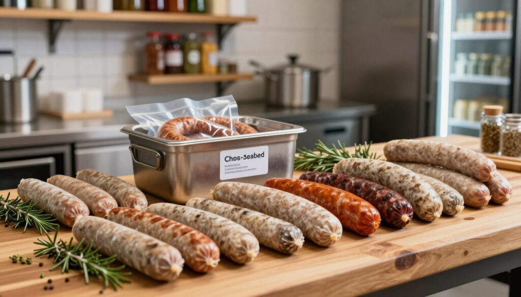 A clean and organized restaurant kitchen showcasing premium sausages on a wooden work table. In the foreground, display an assortment of sausages in various colors and textures, neatly arranged with fresh herbs like rosemary and thyme scattered around for a touch of freshness. In the middle, include a metal storage container labeled for vacuum-sealed sausage storage, demonstrating best practices for stock management. The background features shelves with neatly arranged spices and a refrigerator, indicating a well-managed kitchen environment. Soft, diffused lighting creates a warm and inviting atmosphere, while a slight overhead angle captures the entire scene, highlighting the attention to detail in food storage and presentation for efficient food cost management. A clean and organized restaurant kitchen showcasing premium sausages on a wooden work table. In the foreground, display an assortment of sausages in various colors and textures, neatly arranged with fresh herbs like rosemary and thyme scattered around for a touch of freshness. In the middle, include a metal storage container labeled for vacuum-sealed sausage storage, demonstrating best practices for stock management. The background features shelves with neatly arranged spices and a refrigerator, indicating a well-managed kitchen environment. Soft, diffused lighting creates a warm and inviting atmosphere, while a slight overhead angle captures the entire scene, highlighting the attention to detail in food storage and presentation for efficient food cost management.