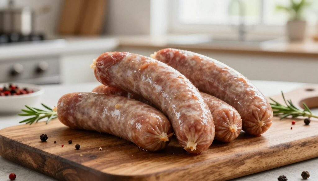 A close-up shot of premium halal beef sausages elegantly arranged on a rustic wooden platter. The sausages are glistening with a light sheen, showcasing their rich, appetizing textures. Scattered around the platter are fresh herbs and spices, adding vibrant colors and enhancing the visual appeal. In the background, a softly blurred kitchen setting conveys a warm and inviting atmosphere, with natural light filtering through a nearby window, creating gentle highlights on the sausages. The focus is sharp on the sausages, while the background remains subtly out of focus, creating a depth that draws the viewer's eye to the premium quality of the product. The overall mood is one of culinary appreciation and gourmet quality, perfect for illustrating the topic of halal certification and meat content. A close-up shot of premium halal beef sausages elegantly arranged on a rustic wooden platter. The sausages are glistening with a light sheen, showcasing their rich, appetizing textures. Scattered around the platter are fresh herbs and spices, adding vibrant colors and enhancing the visual appeal. In the background, a softly blurred kitchen setting conveys a warm and inviting atmosphere, with natural light filtering through a nearby window, creating gentle highlights on the sausages. The focus is sharp on the sausages, while the background remains subtly out of focus, creating a depth that draws the viewer's eye to the premium quality of the product. The overall mood is one of culinary appreciation and gourmet quality, perfect for illustrating the topic of halal certification and meat content.