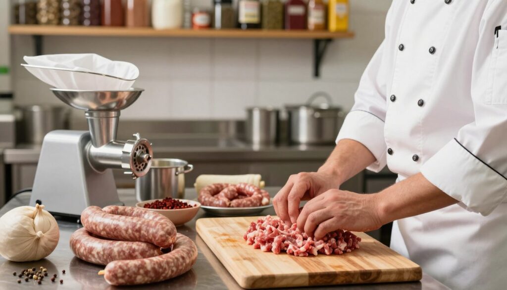A detailed image depicting the process of making halal sausages in a well-equipped kitchen. In the foreground, a professional chef in a white apron and hat skillfully prepares sausage mixtures, showcasing fresh, halal-approved ingredients such as ground meat, spices, and natural casings. In the middle ground, various tools and equipment like a meat grinder and sausage stuffer are neatly arranged, emphasizing the meticulous preparation. The background features shelves stocked with spices and condiments, alongside a clean and organized workspace, reflecting hygiene standards. Soft, natural lighting illuminates the scene, creating a warm and inviting atmosphere that conveys professionalism and dedication to quality. The angle captures the chef's concentration and the intricate details of the sausage-making process.