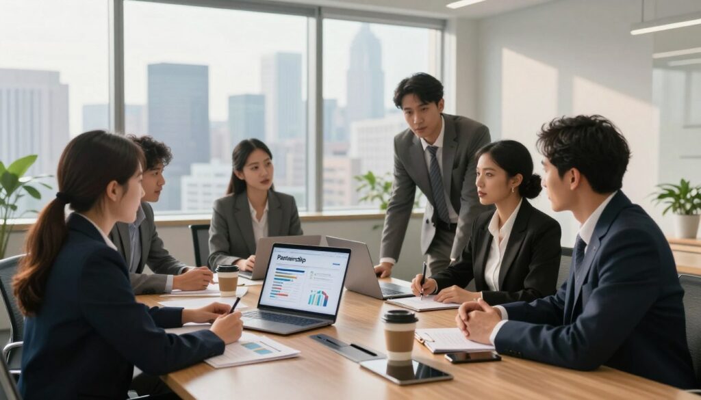 A professional and dynamic business meeting scene set in a modern conference room. In the foreground, a diverse group of two women and two men in business attire, engaged in a collaborative discussion while looking at a laptop screen with partnership strategies displayed. In the middle, a large conference table with documents, graphs, and coffee cups, showcasing a vibrant and productive atmosphere. In the background, a panoramic window reveals a city skyline bathed in warm, natural light, symbolizing growth and opportunity. The room is well-lit, creating a positive and inviting environment. The overall mood is focused, encouraging cooperation and solid business partnerships. A professional and dynamic business meeting scene set in a modern conference room. In the foreground, a diverse group of two women and two men in business attire, engaged in a collaborative discussion while looking at a laptop screen with partnership strategies displayed. In the middle, a large conference table with documents, graphs, and coffee cups, showcasing a vibrant and productive atmosphere. In the background, a panoramic window reveals a city skyline bathed in warm, natural light, symbolizing growth and opportunity. The room is well-lit, creating a positive and inviting environment. The overall mood is focused, encouraging cooperation and solid business partnerships.