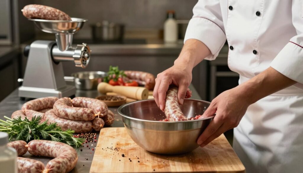 A professional kitchen scene showcasing the meticulous technique of crafting premium sausages. In the foreground, a chef in a clean white uniform is expertly blending high-quality meats and spices in a stainless-steel mixing bowl, demonstrating attention to detail. The middle ground features an array of fresh ingredients, including herbs, spices, and casings, artfully arranged on a wooden cutting board. In the background, soft overhead lighting creates a warm atmosphere, illuminating various kitchen tools and sausage equipment, such as a meat grinder and sausage stuffer, adding an ambiance of culinary craftsmanship. The composition captures the essence of texture and flavor enhancement in sausage-making, evoking a sense of professionalism and artistry in the culinary world. A professional kitchen scene showcasing the meticulous technique of crafting premium sausages. In the foreground, a chef in a clean white uniform is expertly blending high-quality meats and spices in a stainless-steel mixing bowl, demonstrating attention to detail. The middle ground features an array of fresh ingredients, including herbs, spices, and casings, artfully arranged on a wooden cutting board. In the background, soft overhead lighting creates a warm atmosphere, illuminating various kitchen tools and sausage equipment, such as a meat grinder and sausage stuffer, adding an ambiance of culinary craftsmanship. The composition captures the essence of texture and flavor enhancement in sausage-making, evoking a sense of professionalism and artistry in the culinary world.