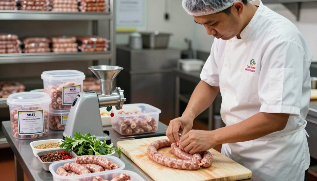 A professional kitchen scene showcasing the process of making premium halal sausages certified by MUI at CV. Sicma Inti Utama. In the foreground, a skilled chef wearing a neat white apron and a hairnet is meticulously stuffing sausages, surrounded by fresh ingredients like spices, herbs, and high-quality meat. In the middle, there are various tools and equipment, such as a meat grinder and sausage stuffer, along with labeled containers for halal certification. In the background, shelves display neatly packaged sausages and a visibly clean and organized kitchen environment. The lighting is bright and inviting, creating a warm atmosphere of craftsmanship and professionalism, capturing the essence of halal food preparation. The angle is slightly elevated to show the entire process in action. A professional kitchen scene showcasing the process of making premium halal sausages certified by MUI at CV. Sicma Inti Utama. In the foreground, a skilled chef wearing a neat white apron and a hairnet is meticulously stuffing sausages, surrounded by fresh ingredients like spices, herbs, and high-quality meat. In the middle, there are various tools and equipment, such as a meat grinder and sausage stuffer, along with labeled containers for halal certification. In the background, shelves display neatly packaged sausages and a visibly clean and organized kitchen environment. The lighting is bright and inviting, creating a warm atmosphere of craftsmanship and professionalism, capturing the essence of halal food preparation. The angle is slightly elevated to show the entire process in action.
