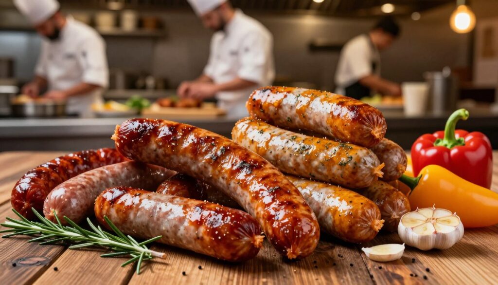 A vibrant and enticing display of premium sausages prominently featuring a variety of gourmet flavors, arranged artfully on a rustic wooden table. In the foreground, showcase glistening, high-quality sausages in rich colors – deep reds, golden browns, and specks of herbs. Adjacent, fresh ingredients like sprigs of rosemary, slices of garlic, and vibrant, colorful peppers create a delightful contrast. In the middle, a blurred restaurant kitchen scene gives a hint of the bustling culinary environment, with chefs in professional attire preparing dishes. The background softly highlights a warm ambiance with subtle lighting, emphasizing the gourmet nature of the product. The overall mood should convey sophistication and quality, inspiring a sense of excitement for premium offerings in the restaurant industry.