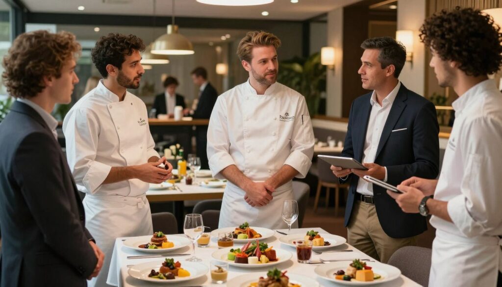 A vibrant and professional scene depicting a bustling culinary partnership. In the foreground, a diverse group of well-dressed culinary professionals, including a chef in a classic white uniform, a restaurant manager in smart business attire, and a catering director casually holding a tablet, are engaged in friendly discussion. In the middle ground, an elegantly arranged table displays an array of gourmet delicacies and visually appealing dishes supplied by Delikatessa. The background showcases an inviting restaurant ambiance with soft, warm lighting, and tasteful decor, hinting at the supportive environment fostered by Delikatessa. The overall atmosphere radiates collaboration, sophistication, and the essence of culinary excellence, with a focus on teamwork and mutual success in the hospitality industry. A vibrant and professional scene depicting a bustling culinary partnership. In the foreground, a diverse group of well-dressed culinary professionals, including a chef in a classic white uniform, a restaurant manager in smart business attire, and a catering director casually holding a tablet, are engaged in friendly discussion. In the middle ground, an elegantly arranged table displays an array of gourmet delicacies and visually appealing dishes supplied by Delikatessa. The background showcases an inviting restaurant ambiance with soft, warm lighting, and tasteful decor, hinting at the supportive environment fostered by Delikatessa. The overall atmosphere radiates collaboration, sophistication, and the essence of culinary excellence, with a focus on teamwork and mutual success in the hospitality industry.