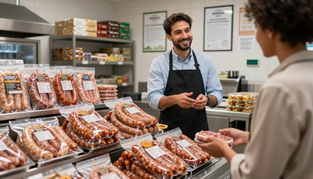 A well-organized halal sausage distribution scene set in a modern HORECA environment. In the foreground, display an array of neatly packaged halal sausages and deli products in an appealing display, emphasizing freshness and quality. The middle ground should feature a smiling professional in business attire, engaging with a customer—both appear to be discussing options with a sense of trust and professionalism. The background shows a well-lit commercial kitchen or distribution space, with shelves stocked with halal products and certifications displayed on the walls. Utilize soft, natural lighting to create a welcoming atmosphere, capturing a sense of community and reliability in the halal food industry. The angle is slightly elevated, providing a comprehensive view of the entire setting without any text or distractions.