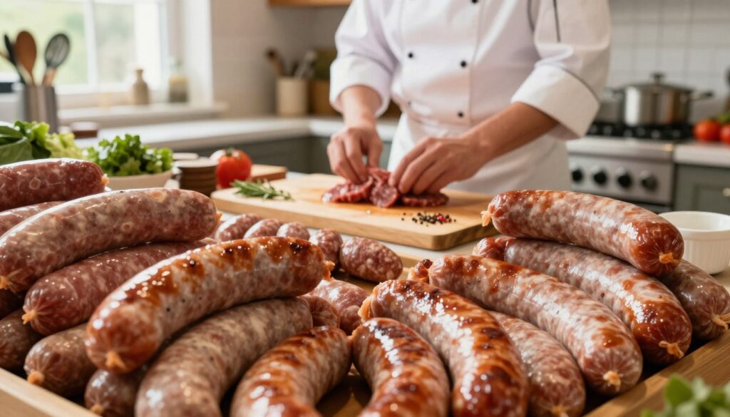 A beautifully arranged display of gourmet sausages from "sosis delikatessa" in the foreground, capturing their rich colors and textures. A close-up angle showcases the sausages' glistening surfaces, emphasizing their freshness and quality. In the middle, a professional chef in a white apron, expertly preparing these homemade beef sausages with fresh ingredients around, like herbs and spices, creating an inviting atmosphere. The background features a well-organized kitchen with warm natural lighting pouring in from a window, creating a cozy, inviting ambiance. Soft-focus elements of kitchen utensils and fresh produce add depth to the composition, reinforcing the theme of homemade goodness and artisanal craftsmanship. The overall mood is warm, vibrant, and appetizing, ideal for showcasing the craftsmanship behind "sosis delikatessa." A beautifully arranged display of gourmet sausages from "sosis delikatessa" in the foreground, capturing their rich colors and textures. A close-up angle showcases the sausages' glistening surfaces, emphasizing their freshness and quality. In the middle, a professional chef in a white apron, expertly preparing these homemade beef sausages with fresh ingredients around, like herbs and spices, creating an inviting atmosphere. The background features a well-organized kitchen with warm natural lighting pouring in from a window, creating a cozy, inviting ambiance. Soft-focus elements of kitchen utensils and fresh produce add depth to the composition, reinforcing the theme of homemade goodness and artisanal craftsmanship. The overall mood is warm, vibrant, and appetizing, ideal for showcasing the craftsmanship behind "sosis delikatessa."