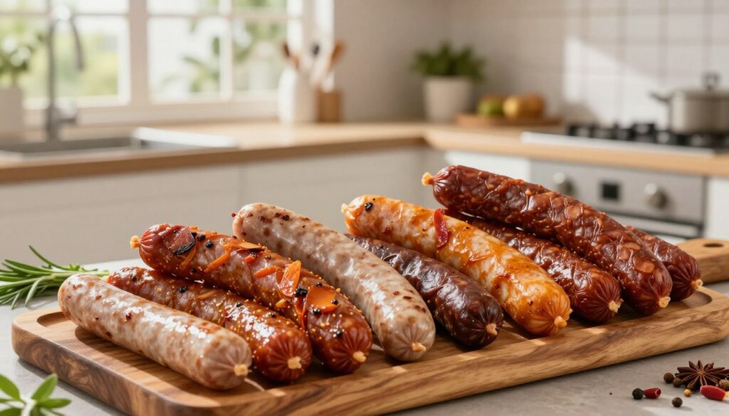 A beautifully arranged display of gourmet sausages from "sosis delikatessa," prominently showcasing an array of high-quality, artisan sausages in vibrant colors and textures. In the foreground, a close-up of a variety of sausages, including spicy, savory, and smoked options, elegantly presented on a rustic wooden platter. In the middle ground, a clean, modern kitchen setting with fresh ingredients like herbs and spices scattered around, suggesting freshness and authenticity. The background features soft, natural lighting filtering through large windows, casting a warm and inviting glow over the scene. The atmosphere conveys a sense of quality and craftsmanship, ideal for a supplier of premium sausages in Surabaya. A beautifully arranged display of gourmet sausages from "sosis delikatessa," prominently showcasing an array of high-quality, artisan sausages in vibrant colors and textures. In the foreground, a close-up of a variety of sausages, including spicy, savory, and smoked options, elegantly presented on a rustic wooden platter. In the middle ground, a clean, modern kitchen setting with fresh ingredients like herbs and spices scattered around, suggesting freshness and authenticity. The background features soft, natural lighting filtering through large windows, casting a warm and inviting glow over the scene. The atmosphere conveys a sense of quality and craftsmanship, ideal for a supplier of premium sausages in Surabaya.