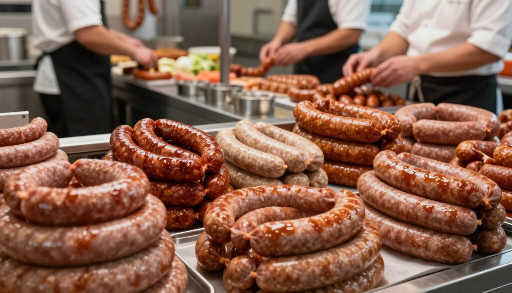 A beautifully arranged display of high-quality sausages from "sosis delikatessa" takes center stage, showcasing various types of sausages such as bratwurst and chorizo. The foreground features freshly made sausages glistening under warm, natural light, emphasizing their texture and rich color. In the middle, a well-organized production area can be seen, with stainless steel equipment and ingredients laid out neatly, suggesting a clean and professional environment. The background has blurred out workers in professional attire, diligently checking the quality of the sausages, enhancing the atmosphere of teamwork and trust in production. The overall mood conveys a sense of craftsmanship, quality assurance, and culinary delight, perfect for highlighting the commitment to high standards in sausage production.