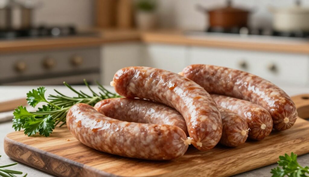 A beautifully arranged display of premium halal sausages from the brand "Sosis Delikatessa," elegantly presented on a rustic wooden board. In the foreground, focus on a selection of carefully crafted sausages, showcasing their glossy texture and rich colors, illuminated by soft, natural light to enhance their appeal. In the middle ground, include fresh herbs like rosemary and parsley scattered around, adding a touch of vibrancy and freshness. The background features a blurred kitchen setting with subtle, warm lighting, creating a cozy and inviting atmosphere. The overall mood should convey quality and tradition, emphasizing the high standards and halal certification of Sosis Delikatessa products. A beautifully arranged display of premium halal sausages from the brand "Sosis Delikatessa," elegantly presented on a rustic wooden board. In the foreground, focus on a selection of carefully crafted sausages, showcasing their glossy texture and rich colors, illuminated by soft, natural light to enhance their appeal. In the middle ground, include fresh herbs like rosemary and parsley scattered around, adding a touch of vibrancy and freshness. The background features a blurred kitchen setting with subtle, warm lighting, creating a cozy and inviting atmosphere. The overall mood should convey quality and tradition, emphasizing the high standards and halal certification of Sosis Delikatessa products.