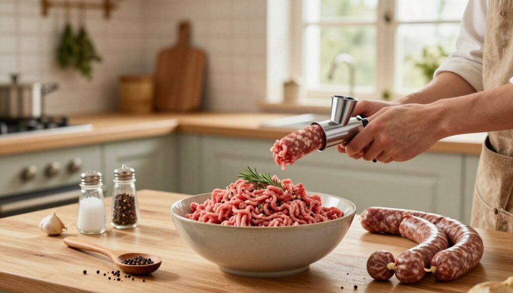 A beautifully arranged kitchen countertop showcasing the process of making homemade beef sausages using "sosis delikatessa". In the foreground, a large bowl filled with fresh, seasoned ground beef, blended with herbs and spices, surrounded by essential ingredients like garlic, pepper, and salt. A wooden spoon rests beside the bowl, while sausage casings lie neatly coiled nearby. In the middle ground, a skilled hand using a sausage stuffer carefully fills the casings with the rich meat mixture. The background features a softly lit kitchen with a rustic atmosphere, including hanging herbs and a large window allowing natural light to illuminate the scene. The mood is warm and inviting, perfect for a home-cooking setting. A beautifully arranged kitchen countertop showcasing the process of making homemade beef sausages using "sosis delikatessa". In the foreground, a large bowl filled with fresh, seasoned ground beef, blended with herbs and spices, surrounded by essential ingredients like garlic, pepper, and salt. A wooden spoon rests beside the bowl, while sausage casings lie neatly coiled nearby. In the middle ground, a skilled hand using a sausage stuffer carefully fills the casings with the rich meat mixture. The background features a softly lit kitchen with a rustic atmosphere, including hanging herbs and a large window allowing natural light to illuminate the scene. The mood is warm and inviting, perfect for a home-cooking setting.
