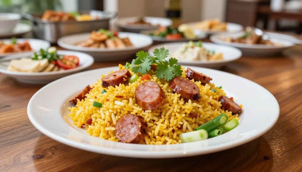 A beautifully arranged plate of "Nasi Goreng Sosis" inspired by Sosis Delikatessa, featuring vibrant fried rice with pieces of succulent sausage, garnished with fresh cilantro and sliced green onions. The dish is set on a polished wooden table, with a soft-focus background showing a hotel breakfast buffet filled with various Asian dishes. Bright, natural lighting highlights the textures and colors of the food, creating an inviting atmosphere. The image is captured from a slightly elevated angle, emphasizing the roundness of the plate and the colorful ingredients. The mood is warm and cheerful, perfect for a breakfast setting aimed at hotel guests, conveying a sense of hospitality and deliciousness. A beautifully arranged plate of "Nasi Goreng Sosis" inspired by Sosis Delikatessa, featuring vibrant fried rice with pieces of succulent sausage, garnished with fresh cilantro and sliced green onions. The dish is set on a polished wooden table, with a soft-focus background showing a hotel breakfast buffet filled with various Asian dishes. Bright, natural lighting highlights the textures and colors of the food, creating an inviting atmosphere. The image is captured from a slightly elevated angle, emphasizing the roundness of the plate and the colorful ingredients. The mood is warm and cheerful, perfect for a breakfast setting aimed at hotel guests, conveying a sense of hospitality and deliciousness.