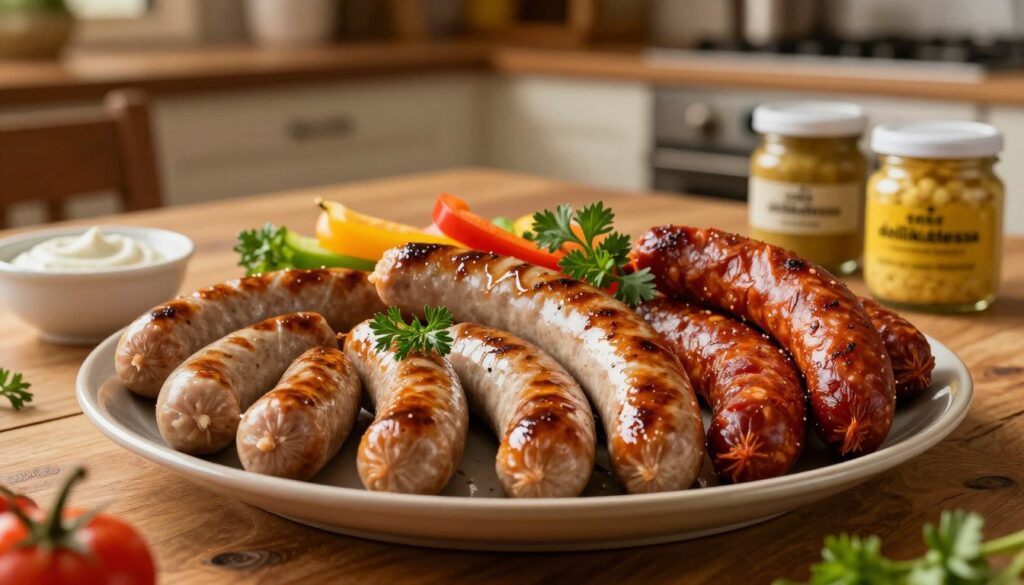 A beautifully arranged platter of premium sausages from "sosis delikatessa" takes center stage, showcasing varieties such as juicy bratwurst, spicy chorizo, and smoky German sausages. In the foreground, the sausages glisten with a delectable sheen, garnished with fresh herbs and colorful bell pepper strips that add a pop of freshness. The middle ground features a rustic wooden table set with artisanal dipping sauces and whole grain mustard in elegant jars. Soft, warm lighting envelops the scene, casting a golden glow that emphasizes the texture and richness of the sausages. In the background, a blurred glimpse of a cozy, inviting kitchen creates an intimate atmosphere, perfect for family gatherings. The overall mood is warm and inviting, reflecting quality and gourmet craftsmanship. A beautifully arranged platter of premium sausages from "sosis delikatessa" takes center stage, showcasing varieties such as juicy bratwurst, spicy chorizo, and smoky German sausages. In the foreground, the sausages glisten with a delectable sheen, garnished with fresh herbs and colorful bell pepper strips that add a pop of freshness. The middle ground features a rustic wooden table set with artisanal dipping sauces and whole grain mustard in elegant jars. Soft, warm lighting envelops the scene, casting a golden glow that emphasizes the texture and richness of the sausages. In the background, a blurred glimpse of a cozy, inviting kitchen creates an intimate atmosphere, perfect for family gatherings. The overall mood is warm and inviting, reflecting quality and gourmet craftsmanship.