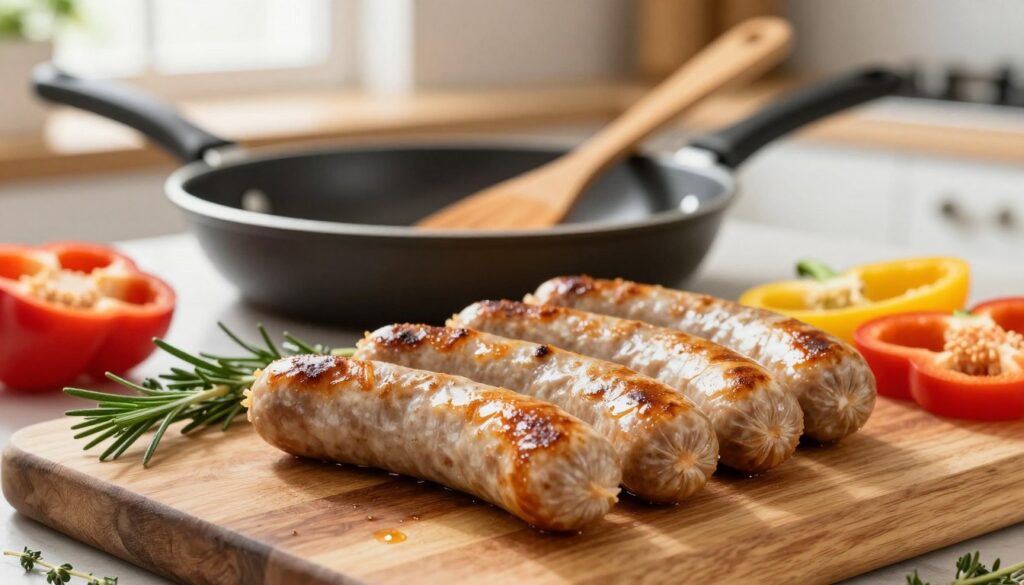 A beautifully arranged set of premium halal sausages from the brand "Sosis Delikatessa" displayed on a rustic wooden cutting board. In the foreground, the sausages are glistening with a light golden brown hue, showcasing their crispiness. Around them, lay fresh herbs like rosemary and thyme, along with sliced colorful bell peppers for a vibrant touch. The middle ground features cooking tools such as a high-quality frying pan and wooden spatula, emphasized in a soft focus to draw the viewer's attention back to the sausages. The background softly blurs the kitchen setting, bathed in warm, natural light filtering through a nearby window, creating a cozy and inviting atmosphere. The overall mood conveys meticulous preparation, emphasizing high-quality ingredients and tools essential for crisp frying. A beautifully arranged set of premium halal sausages from the brand "Sosis Delikatessa" displayed on a rustic wooden cutting board. In the foreground, the sausages are glistening with a light golden brown hue, showcasing their crispiness. Around them, lay fresh herbs like rosemary and thyme, along with sliced colorful bell peppers for a vibrant touch. The middle ground features cooking tools such as a high-quality frying pan and wooden spatula, emphasized in a soft focus to draw the viewer's attention back to the sausages. The background softly blurs the kitchen setting, bathed in warm, natural light filtering through a nearby window, creating a cozy and inviting atmosphere. The overall mood conveys meticulous preparation, emphasizing high-quality ingredients and tools essential for crisp frying.