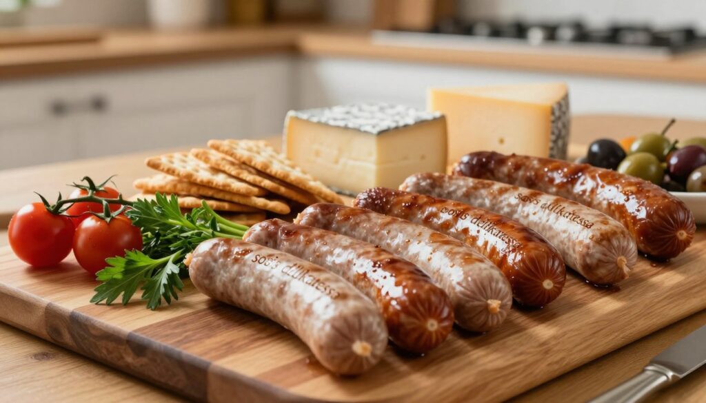A beautifully arranged wooden charcuterie board showcasing "sosis delikatessa" premium sausages in various flavors, with vibrant garnishes like fresh herbs, cherry tomatoes, and olives. In the foreground, focus on the glossy, succulent sausages, glistening under soft, natural lighting that creates an inviting atmosphere. The middle ground features an elegant cheese selection paired with artisanal crackers, enhancing the presentation of the sausages. In the background, a softly blurred kitchen environment, with warm wooden textures and elegant serving utensils, adds a homely touch. The image has a cozy and welcoming mood, ideal for showcasing premium quality. The focus is on the mouthwatering appearance of the sausages, emphasizing their premium quality and artisanal craftsmanship. A beautifully arranged wooden charcuterie board showcasing "sosis delikatessa" premium sausages in various flavors, with vibrant garnishes like fresh herbs, cherry tomatoes, and olives. In the foreground, focus on the glossy, succulent sausages, glistening under soft, natural lighting that creates an inviting atmosphere. The middle ground features an elegant cheese selection paired with artisanal crackers, enhancing the presentation of the sausages. In the background, a softly blurred kitchen environment, with warm wooden textures and elegant serving utensils, adds a homely touch. The image has a cozy and welcoming mood, ideal for showcasing premium quality. The focus is on the mouthwatering appearance of the sausages, emphasizing their premium quality and artisanal craftsmanship.