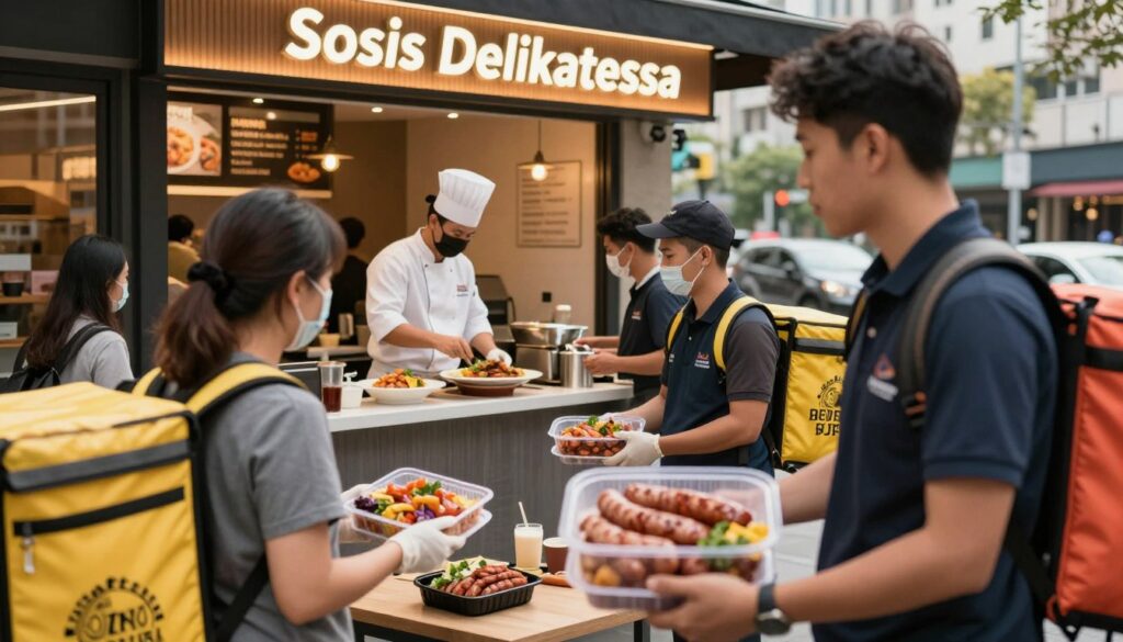A bustling urban scene showcasing the concept of integrated food delivery services. In the foreground, a diverse group of professional delivery personnel, dressed in branded uniforms, are preparing gourmet food orders, focusing on Sosis Delikatessa halal sausages prominently displayed in attractive packaging. The middle ground features a modern food outlet with a stylish storefront, where a chef is skillfully plating dishes, emphasizing a partnership with local restaurants. The background reveals cityscape elements, including dynamic traffic and hints of cafes, symbolizing community engagement. Soft, warm lighting creates an inviting atmosphere, captured with a slight depth of field to keep the focus on the food and delivery personnel. The image conveys a sense of collaboration and modern culinary business strategy. A bustling urban scene showcasing the concept of integrated food delivery services. In the foreground, a diverse group of professional delivery personnel, dressed in branded uniforms, are preparing gourmet food orders, focusing on Sosis Delikatessa halal sausages prominently displayed in attractive packaging. The middle ground features a modern food outlet with a stylish storefront, where a chef is skillfully plating dishes, emphasizing a partnership with local restaurants. The background reveals cityscape elements, including dynamic traffic and hints of cafes, symbolizing community engagement. Soft, warm lighting creates an inviting atmosphere, captured with a slight depth of field to keep the focus on the food and delivery personnel. The image conveys a sense of collaboration and modern culinary business strategy.