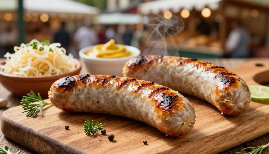 A close-up, artistic composition showcasing the unique characteristics of German sausages, specifically Bratwurst and Frankfurter from Sosis Delikatessa. In the foreground, a perfectly grilled Bratwurst is nestled on a rustic wooden cutting board, adorned with fresh herbs and spices, emphasizing its rich textures and golden-brown color. Beside it, a classic Frankfurter, elegantly placed, glistens with a hint of steam. The middle ground features a selection of traditional German accompaniments like sauerkraut and mustard in small bowls, creating a vibrant contrast. In the background, a softly blurred outdoor market scene adds an inviting atmosphere, with warm, natural lighting casting gentle shadows and enhancing the inviting feel of the image. The overall mood is warm, traditional, and appetizing, perfect for highlighting the distinct charm of German sausages.