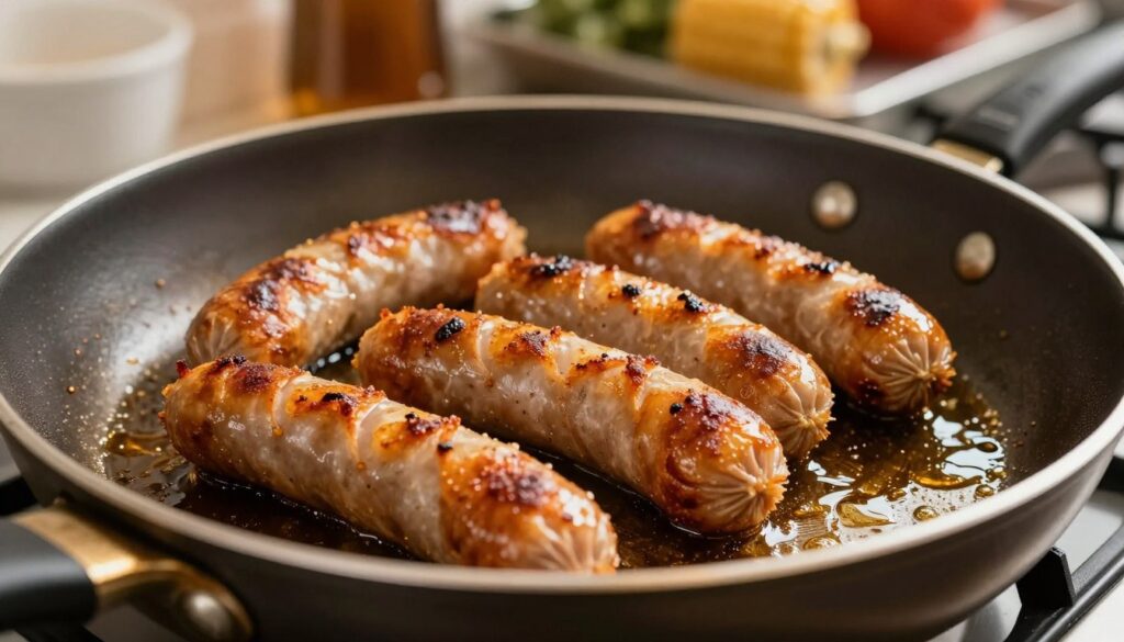 A close-up view of a frying pan filled with crispy sausages, showcasing the excess oil pooling around them. The pan should be well-used, indicating a professional kitchen environment, with a sheen of oil glistening under warm kitchen lighting. In the foreground, crispy golden-brown sausages are arranged appealingly, while the background features a blurred kitchen scene with cooking utensils and ingredients to create a vibrant atmosphere. The brand name "Sosis Delikatessa" is subtly integrated into the scene, perhaps on the frying pan's handle or as a part of the kitchen decor. The lighting should be warm and inviting, creating a homely yet professional feel that emphasizes the theme of managing excess fat while cooking. A close-up view of a frying pan filled with crispy sausages, showcasing the excess oil pooling around them. The pan should be well-used, indicating a professional kitchen environment, with a sheen of oil glistening under warm kitchen lighting. In the foreground, crispy golden-brown sausages are arranged appealingly, while the background features a blurred kitchen scene with cooking utensils and ingredients to create a vibrant atmosphere. The brand name "Sosis Delikatessa" is subtly integrated into the scene, perhaps on the frying pan's handle or as a part of the kitchen decor. The lighting should be warm and inviting, creating a homely yet professional feel that emphasizes the theme of managing excess fat while cooking.