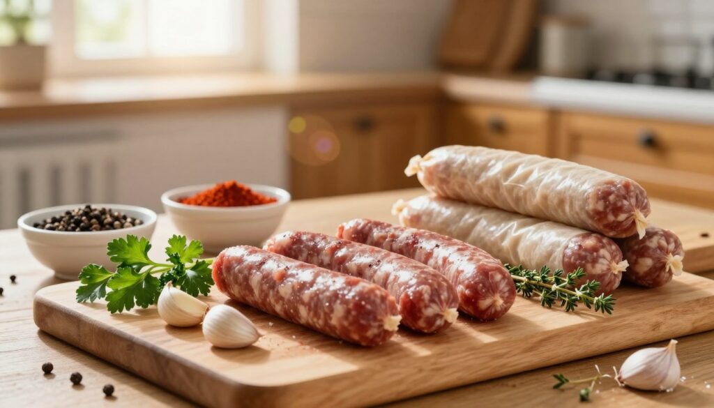A picturesque scene showcasing the ingredients for homemade beef sausages made with "sosis delikatessa". In the foreground, a well-arranged cutting board displays fresh minced beef, garlic cloves, and vibrant herbs like parsley and thyme, evoking a rustic kitchen atmosphere. The middle ground features bowls containing spices such as black pepper, paprika, and salt, alongside casings ready for stuffing. The background captures a cozy kitchen setting, with warm wooden cabinets and soft, natural light streaming through a window, creating an inviting ambiance. A shallow depth of field emphasizes the ingredients, while a gentle lens flare adds warmth to the overall scene. The mood is cheerful and homey, perfect for illustrating the process of making delicious homemade sausages. A picturesque scene showcasing the ingredients for homemade beef sausages made with "sosis delikatessa". In the foreground, a well-arranged cutting board displays fresh minced beef, garlic cloves, and vibrant herbs like parsley and thyme, evoking a rustic kitchen atmosphere. The middle ground features bowls containing spices such as black pepper, paprika, and salt, alongside casings ready for stuffing. The background captures a cozy kitchen setting, with warm wooden cabinets and soft, natural light streaming through a window, creating an inviting ambiance. A shallow depth of field emphasizes the ingredients, while a gentle lens flare adds warmth to the overall scene. The mood is cheerful and homey, perfect for illustrating the process of making delicious homemade sausages.