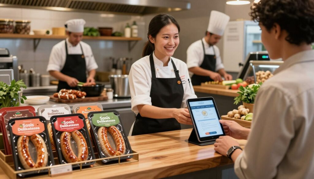 A professional and polished image showcasing a modern, inviting ordering setup for "Sosis Delikatessa bumbu rempah bratwurst" tailored for HORECA and retail. In the foreground, a stylish wooden counter displays vibrant packaging of bratwurst featuring attractive labels, with a small tablet showing an online ordering interface. In the middle ground, a friendly staff member in professional attire engages with a customer, demonstrating consultation. The background features a well-organized kitchen with chefs preparing the product, highlighting the freshness and quality of ingredients like nutmeg, coriander, and ginger. Soft, warm lighting illuminates the scene, creating a welcoming atmosphere, while a slight depth of field emphasizes the interaction between staff and customer, ensuring clear focus on the ordering experience. A professional and polished image showcasing a modern, inviting ordering setup for "Sosis Delikatessa bumbu rempah bratwurst" tailored for HORECA and retail. In the foreground, a stylish wooden counter displays vibrant packaging of bratwurst featuring attractive labels, with a small tablet showing an online ordering interface. In the middle ground, a friendly staff member in professional attire engages with a customer, demonstrating consultation. The background features a well-organized kitchen with chefs preparing the product, highlighting the freshness and quality of ingredients like nutmeg, coriander, and ginger. Soft, warm lighting illuminates the scene, creating a welcoming atmosphere, while a slight depth of field emphasizes the interaction between staff and customer, ensuring clear focus on the ordering experience.