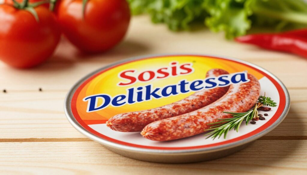A visually striking image of a premium sausage label for "Sosis Delikatessa," prominently displayed in the foreground. The label features bold, vibrant colors that convey freshness and quality, with an illustration of the sausage and ingredients such as herbs or spices. The middle ground includes a light wooden surface, enhancing a natural and inviting atmosphere. In the background, blurred hints of fresh produce like tomatoes and peppers add a touch of color while maintaining focus on the label. The lighting is soft yet bright, creating a warm and welcoming feel, as if the product is being showcased in a gourmet market. The composition should evoke trust and quality, highlighting the commitment to honesty in labeling. A visually striking image of a premium sausage label for "Sosis Delikatessa," prominently displayed in the foreground. The label features bold, vibrant colors that convey freshness and quality, with an illustration of the sausage and ingredients such as herbs or spices. The middle ground includes a light wooden surface, enhancing a natural and inviting atmosphere. In the background, blurred hints of fresh produce like tomatoes and peppers add a touch of color while maintaining focus on the label. The lighting is soft yet bright, creating a warm and welcoming feel, as if the product is being showcased in a gourmet market. The composition should evoke trust and quality, highlighting the commitment to honesty in labeling.